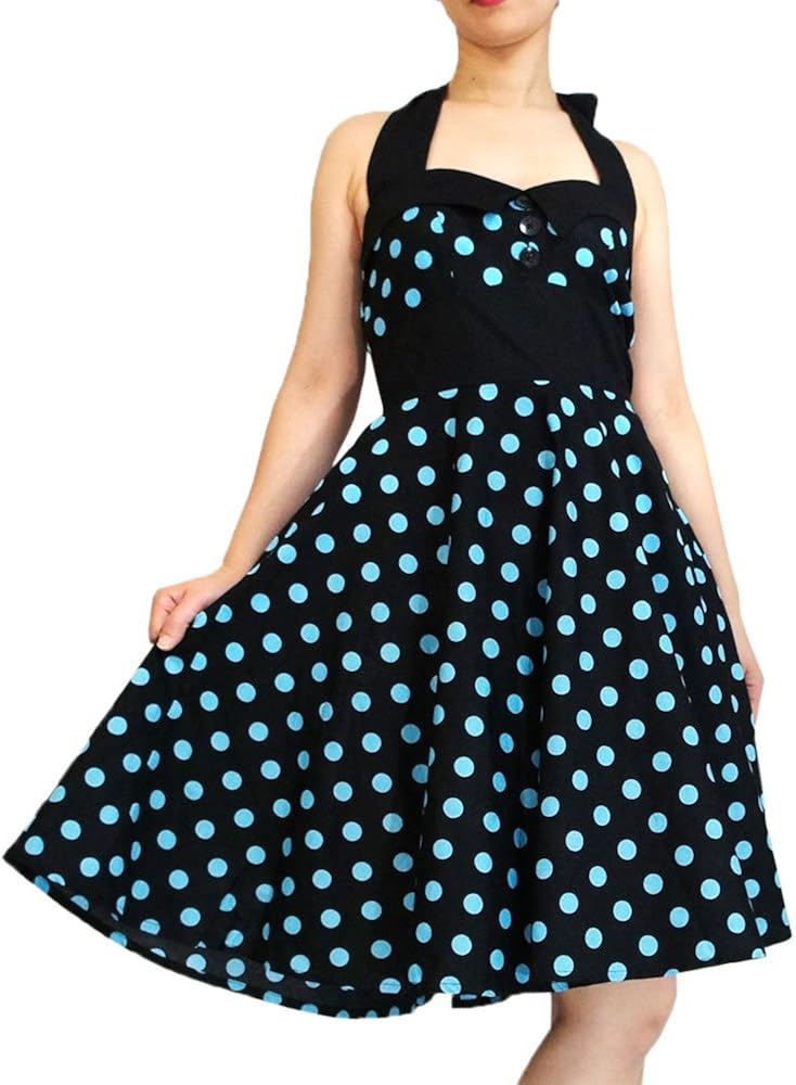 Amazon Co Jp ロカビリー ワンピース 水玉 ドット 水色ｘ黒 ホルターネック ひざ丈 M 胸周り72 90 胴回り76 着丈96 Cm 服 ファッション小物