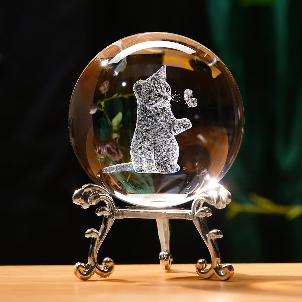 IFOLAINA 3D Cat Lover Gifts for Women Cat Figurines in Crystal Ball with Stand Paperweights Decor Cat Collectibles Themed Gift for Women Kids