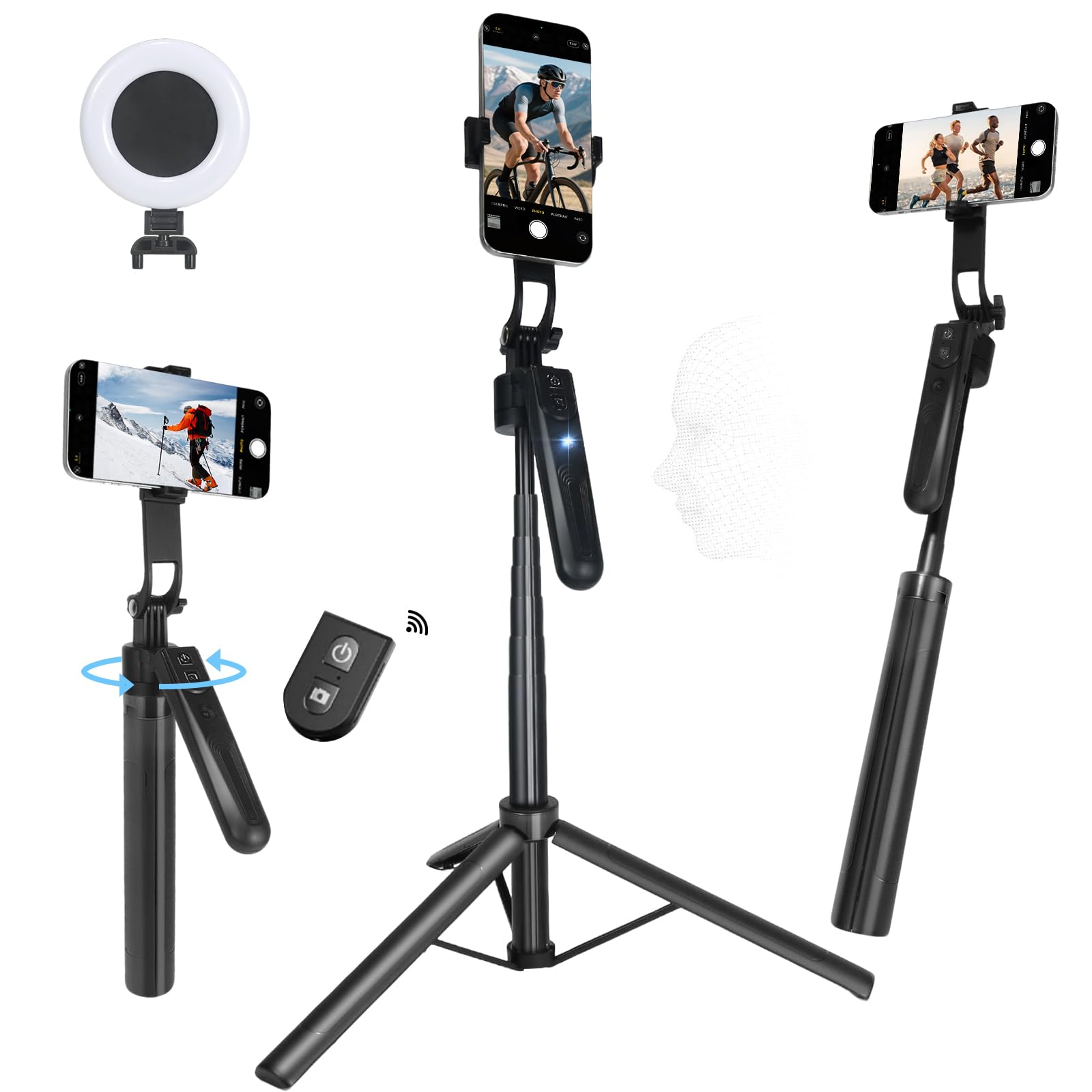 Extendable Auto Face Tracking Tripod for iPhone with Light, No App, 360° Rotation Selfie Stick for Android/iPhone, Smart AI Facial Recognition, Cameraman Shooting for Video, Vlog, Live Stream