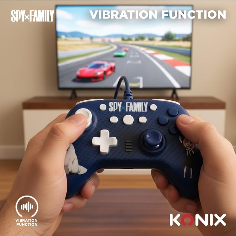 Spy x Family Manette filaire pour Nintendo Switch, Switch 2 et PC - Fonction vibration - Câble 3 m - Motif Anya et Bond Forger - Bleu
