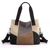 Patchwork Canvas Tote Bag for Women, Large Color-blocking Crossbody Shoulder Bag Shopping Bag