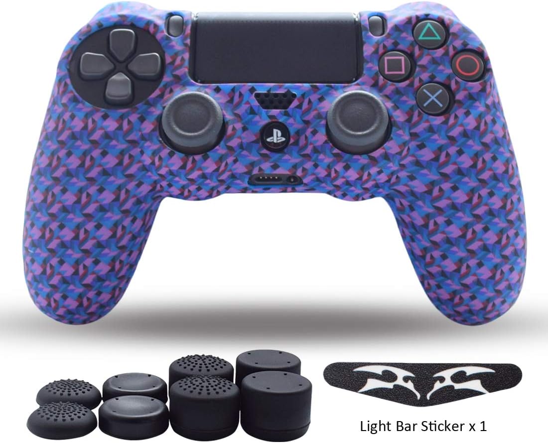 PS4 Controller Skin,Silicone Grips for Playstation 4 PS4/Slim/Pro Controller Anti Slip Cover Case Protector for Dual Shock 4 Controller - One Light Bar Sticker - 8pcs Pro Thumb Grips -S Blue