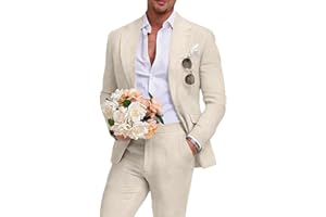 Aowdoy Men's Linen Suit 2 Piece Slim Fit Summer Beach Wedding Dress Tux Prom Suit Blazer Jacket and Pants