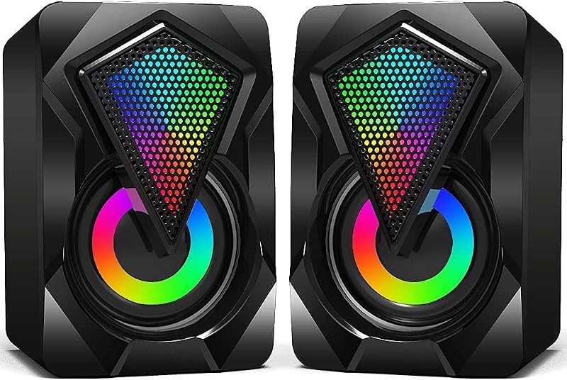 NJSJ Computer Speakers USB Powered 2.0 RGB 3.5mm Aux for Desktop Black