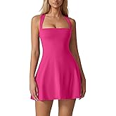 QINSEN Womens Square Neck Tennis Dress Sleeveless Built in Shorts Golf Athletic Dress with Pockets