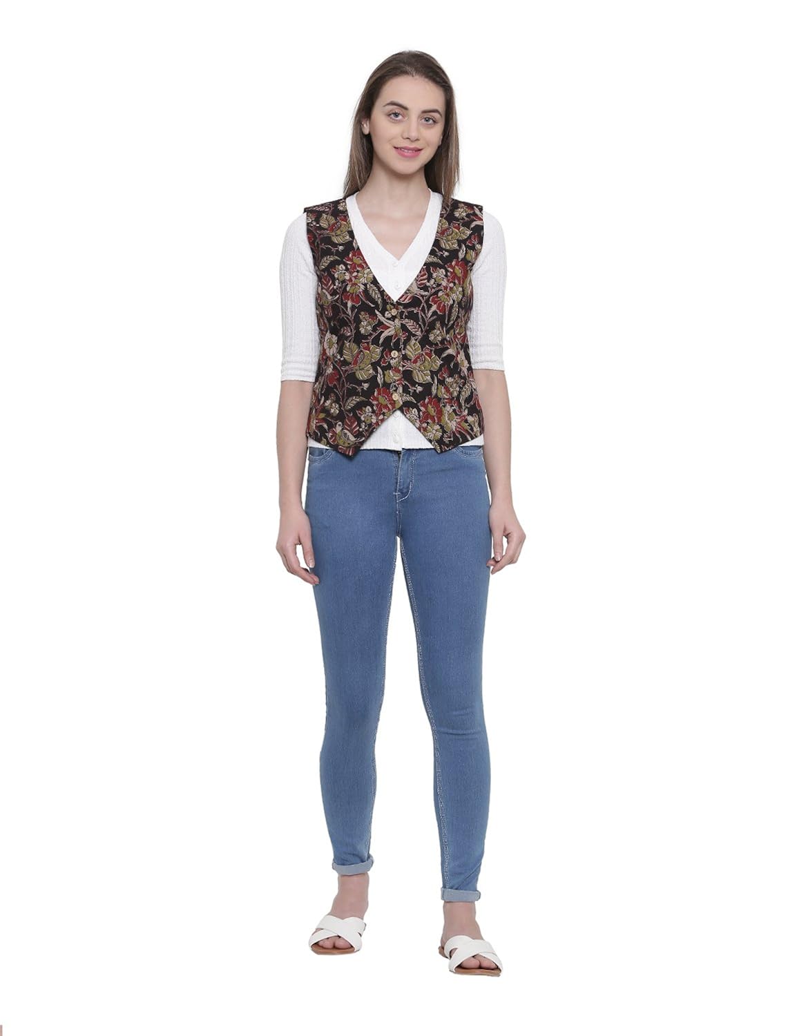 soochirang women's kalamkari hand block sleeveless pure cotton short waist coat