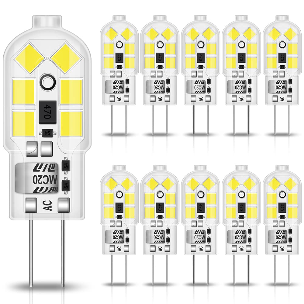 Tailcas G4 LED Cool White 6000K 1.2W Bulbs, Replacement for 10W Halogen 12V AC/DC, No Flickering Non-Dimmable Capsule for Home Lighting, 10PCS
