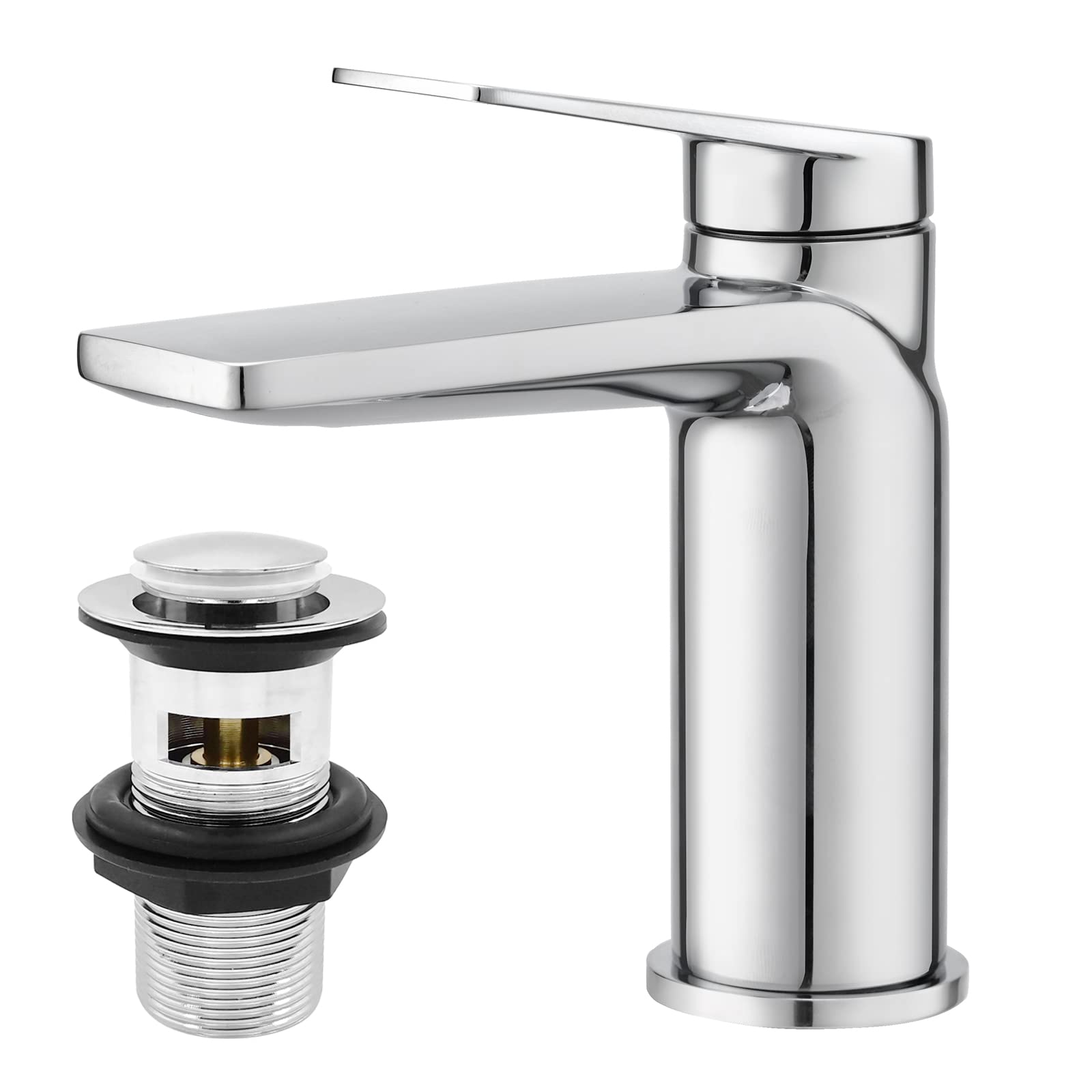 Basin Mixer Taps with Waste, BATHWEST Modern Monobloc Basin Taps with Drainer Single Handle Chrome Brass Bathroom Sink Taps with Pop Up Waste 672MCR