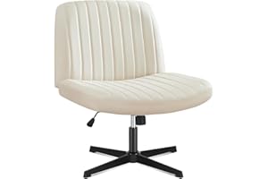 OLIXIS Criss Cross Chair, Armless Cross Legged Office Desk Chair No Wheels, PU Leather Padded Modern Swivel Height Adjustable Mid Back Wide Seat Computer Task Vanity Chair for Home Office(White Beige)