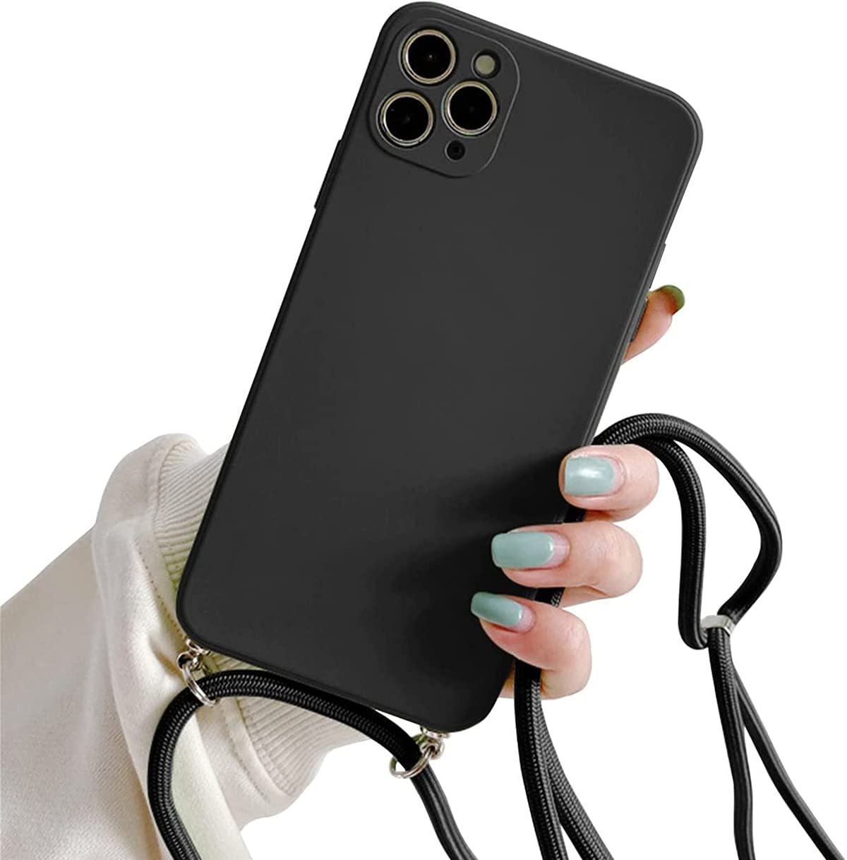 Galful Mobile phone chain for iPhone 14 Pro Max 6.7", silicone case with lanyard smartphone necklace protective bumper with strap shockproof lanyard case cover Black