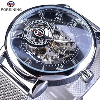 Forsining Retro Roman Number Transparent Men Mechanical Skeleton Watch (Black Silver)
