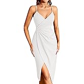 Missufe Women's Wrap V Neck Sleeveless Spaghetti Strap Ruched Bodycon Midi Slit Summer Party Cocktail Dress