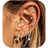 AOEDEJ 8Pairs 14K Gold Plated Hoop Stud Earring Stacks for Women Chain Cartilage Earrings Hypoallergenic Silver Huggie Earrings Sets for Multiple Piercing Jewelry