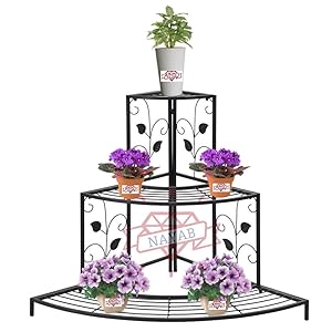 NAYAB HANDICRAFTS Black Floral Design Metal Step Style 3 Tier Corner Shelf For Flower Pots, Planters Display Stand / Shoe Rack
