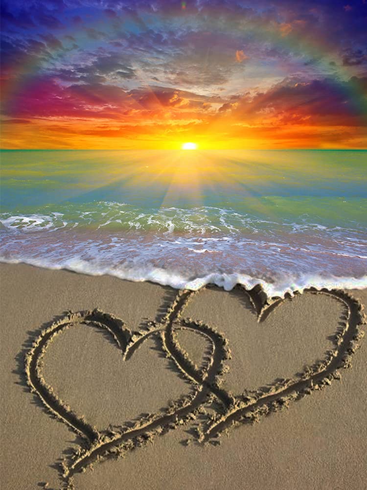 Abillyn 5D Diamond Painting Kits Full Drill, Beach Rainbow Love Heart Diamond Art for Adults Kids (Beach)