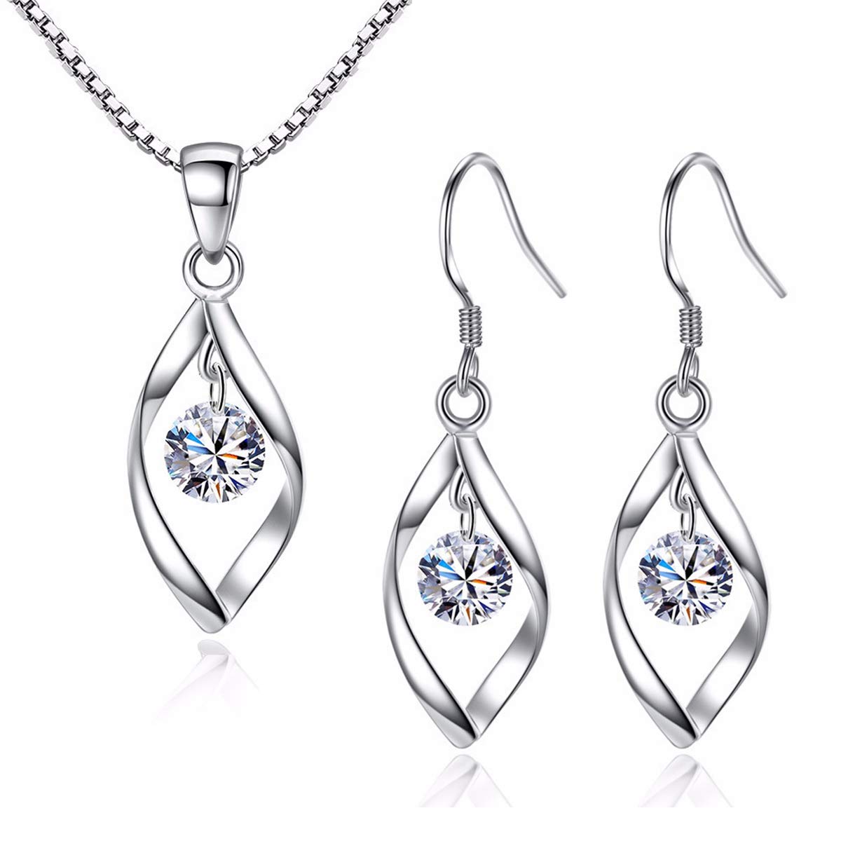 Zolkamery Silver Jewellery Set for Women, 925 Sterling Silver Women's Jewellery Sets with White Zirconia, Fashion Twist Pendant Necklace & Hook Dangle Earrings Set, Gift for Wife on Valentine’s Day