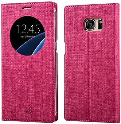 S7 Edge Case, Truevaluetech Premium Leather Flip Cover Window View Case for Galaxy S7 Edge Ultra Slim Fashion (Red)