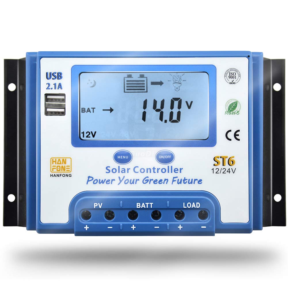 SolaMr 60A Solar Charge Controller 12V/24V Intelligent Regulator with LCD Display and Double USB Port for Solar Panel Battery - ST6-60A