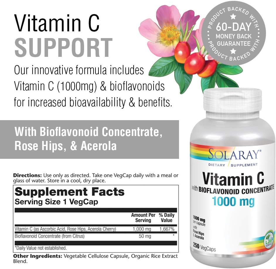 Solaray Vitamin C w/Rose Hips, Acerola & Bioflavonoids | 1000mg | Supports Immune Function & Healthier Skin, Hair, Nails | Non-GMO | Vegan | 250 CT: Health & Personal Care