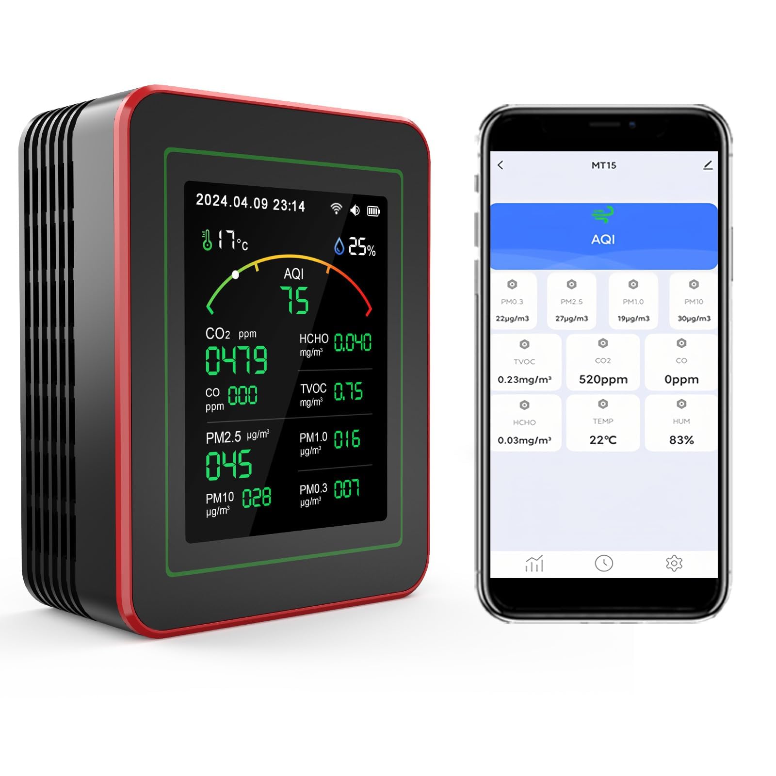 Photo 1 of Professional 15-in-1 Air Quality Monitor with Smartphone APP - Dual Chip - Sensors Detect CO2, PM2.5/PM10, HCHO, TVOC | Real-Time Alerts & Custom Thresholds | for Home, Car, Office, Plants, Pets