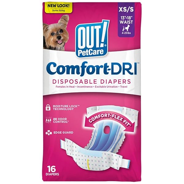 OUT! PETCARE DISPOSABLE DOG DIAPERS FOR FEMALE DOGS, DOG HEAT DIAPERS, FEMALE DOG PERIOD PADS, FEMALE DOGGY DIAPER FOR PEEING, PET DIAPERS FOR SMALL PETS,13”-18” WAIST, XS/SMALL, 16 COUNT