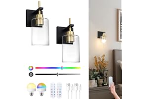 DSMJFU DSMJFU Battery Operated Wall Sconce Set of 2, Black and Gold Sconce Lighting with Clear Glass Lampshade, Rechargeable Battery Powered Wall Light with Remote Control for Bedside Bedroom Doorway