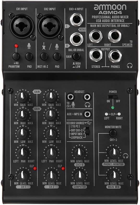 ammoon Mixing Console 4Channel Mini Mixing Console Digital Audio Mixer