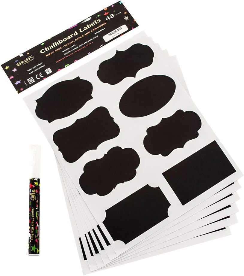 48 Chalkboard Labels Kit with 3mm WHITE Liquid Chalk Marker Pen, Different 8 Designs VINYL STICKERS Label Bundle Waterproof Dishwasher Safe Erasable Self-Adhesive Reusable & Strong perfect for Jam Jars Wine Storage & Organize – Home Office Nursery School & Wedding