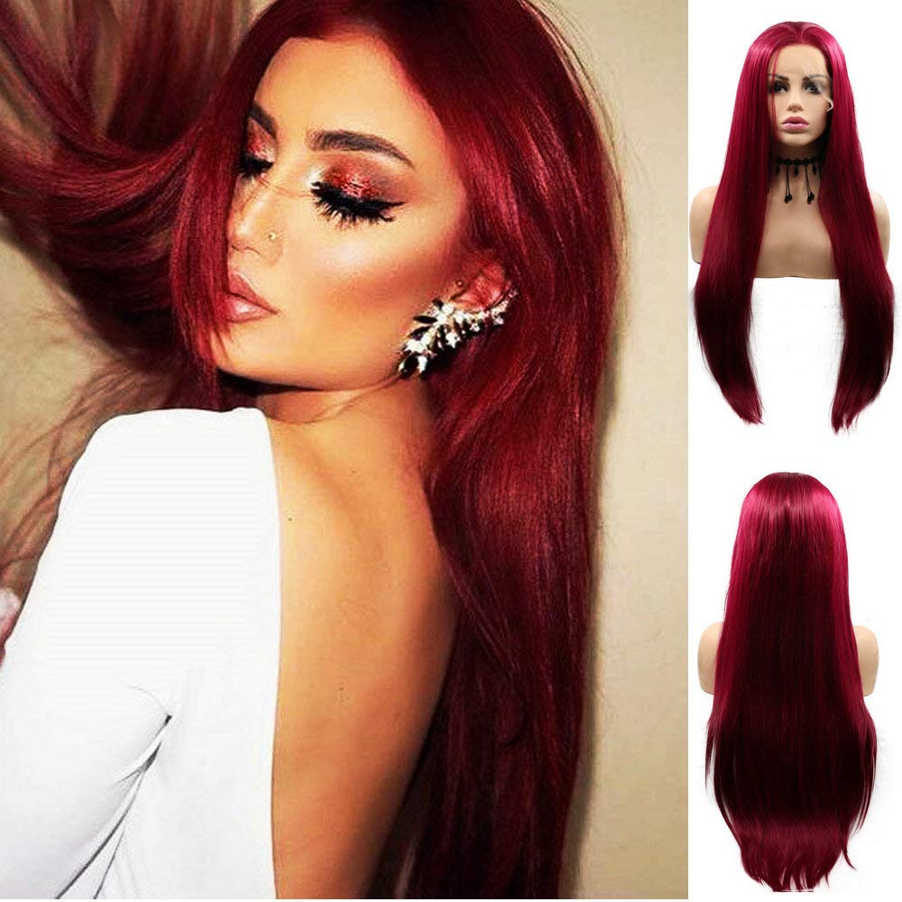 Wine Red Lace Front Wig 26Inch Burgundy Long Straight Synthetic Half Hand Tied Wigs with Middle Parting Heat Resistant Fiber for Women RainaHair (M118L)