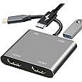 USB C to Dual HDMI Adapter for Monitor, USBC Laptop Docking Station Dual Monitor Dongle MacBook, USB-C Hub Powered Mac, USB 3.0 to USB C Adapter Cable with Fast Charging Chromebook, Type C Dock
