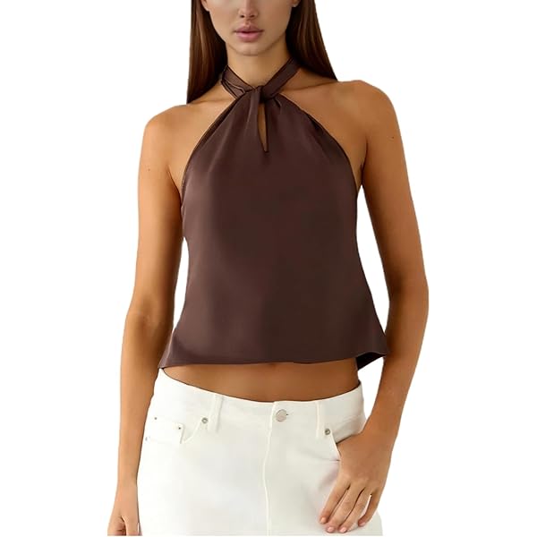 MakeMeChic Women's Summer Satin Silk Backless Halter Tank Tops