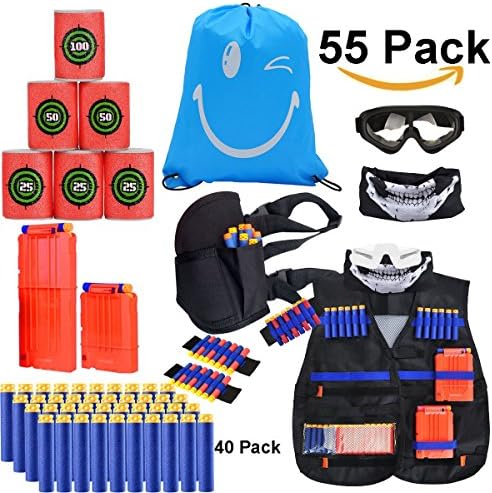 EXSPORT Tactical Vest for N-Strike Elite Nerf, with Tactical Vest, Waist Bag Holster Belt, 2 Wrist Bands, 2 Quick Reloads,12 Target Dart Foam, Mask, Glasses & 40 Refill Darts for Nerf Guns (Full Set)