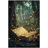 Fantasy Book Forest Canvas Print,Book Lovers Day picture,Dark Academia Magical Books Wall Art,Retro Library Books Club Party Decorations Gifts,Aesthetic Poster for Bedroom Living Room,16"x24" Unframed