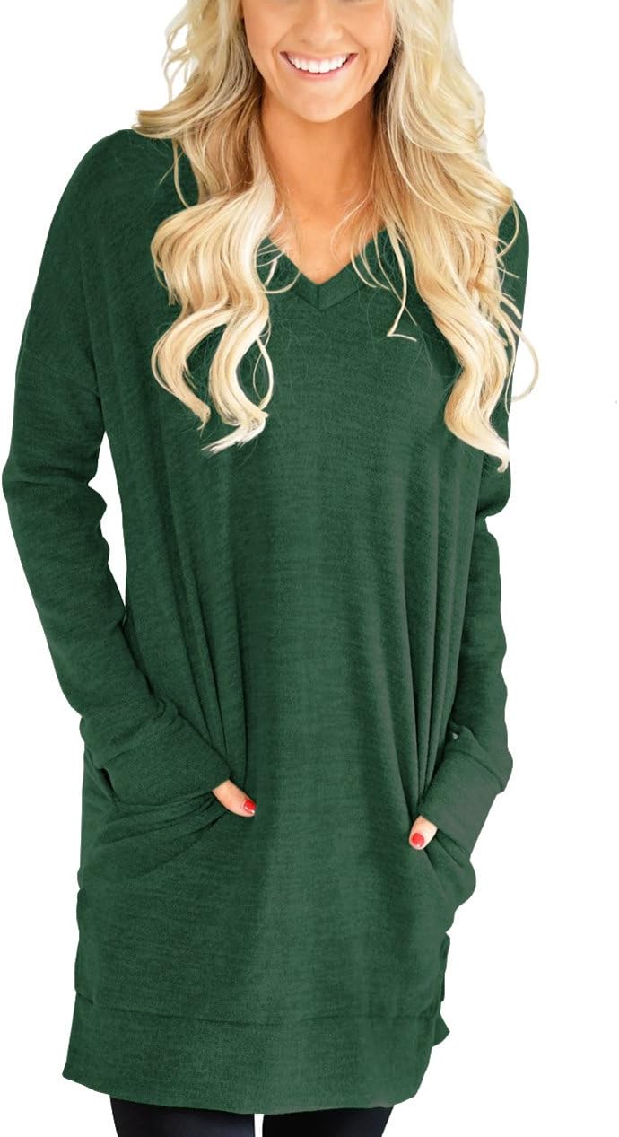 XUERRT Womens Casual V-Neck Long Sleeves Pocket Sweatshirt Tunics Blouse Tops(M,Green)