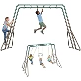 Hapfan 2 in 1 Swing Sets for Backyard with Monkey Bars | 7.55 ft long monkey bars, 2 Belt Swings + 1 Trapeze Bar, 45mm&phi; Heavy Duty Metal Stand，10in Taller than Others,Green &amp; Brown