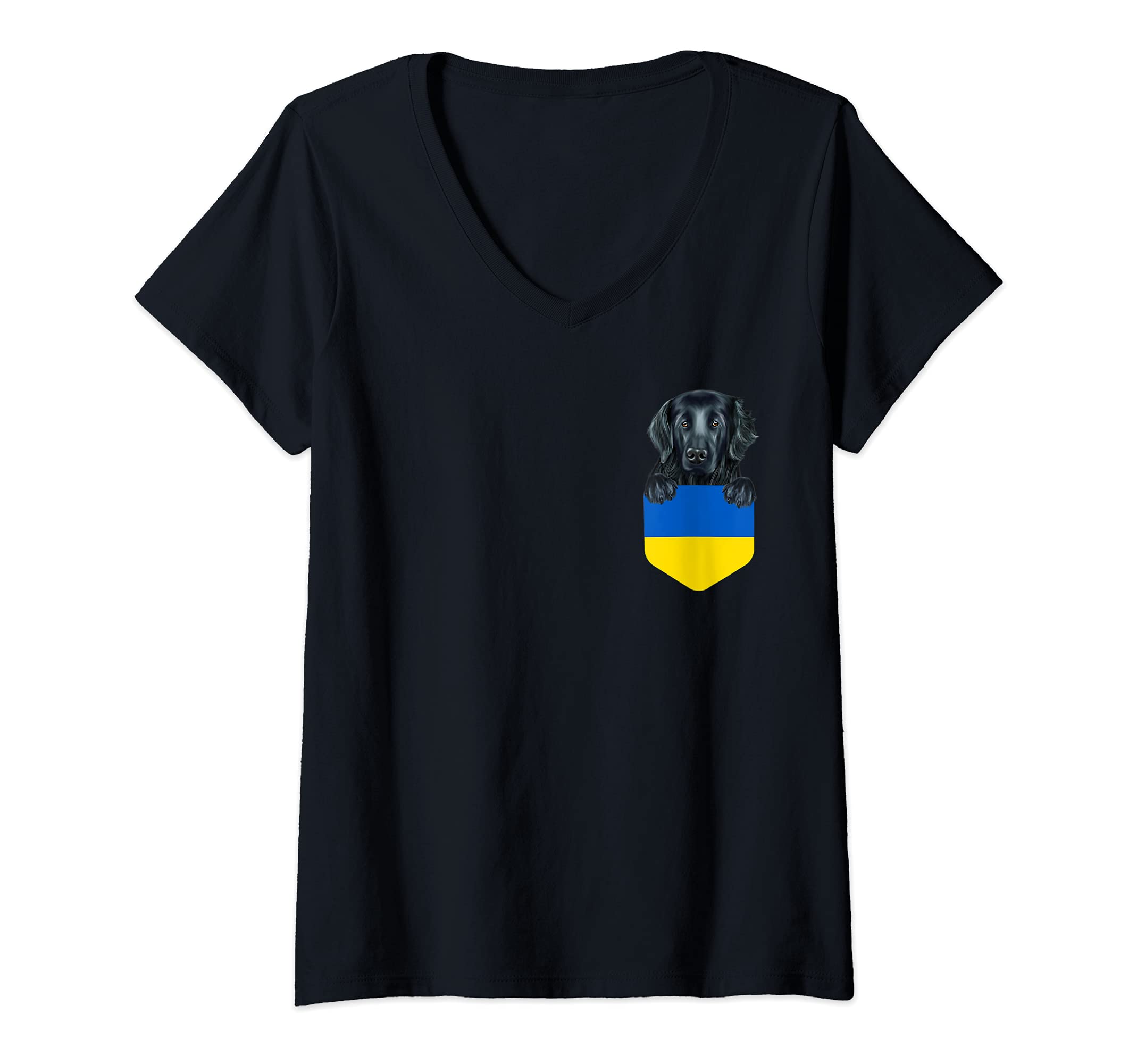 Womens Ukraine Flag Flat-Coated Retriever Dog In Pocket V-Neck T-Shirt