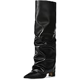 SaraIris Women's Slouchy Knee High Boots - Black, Pointed Toe, Fold Over, Chunky, Shark Boots