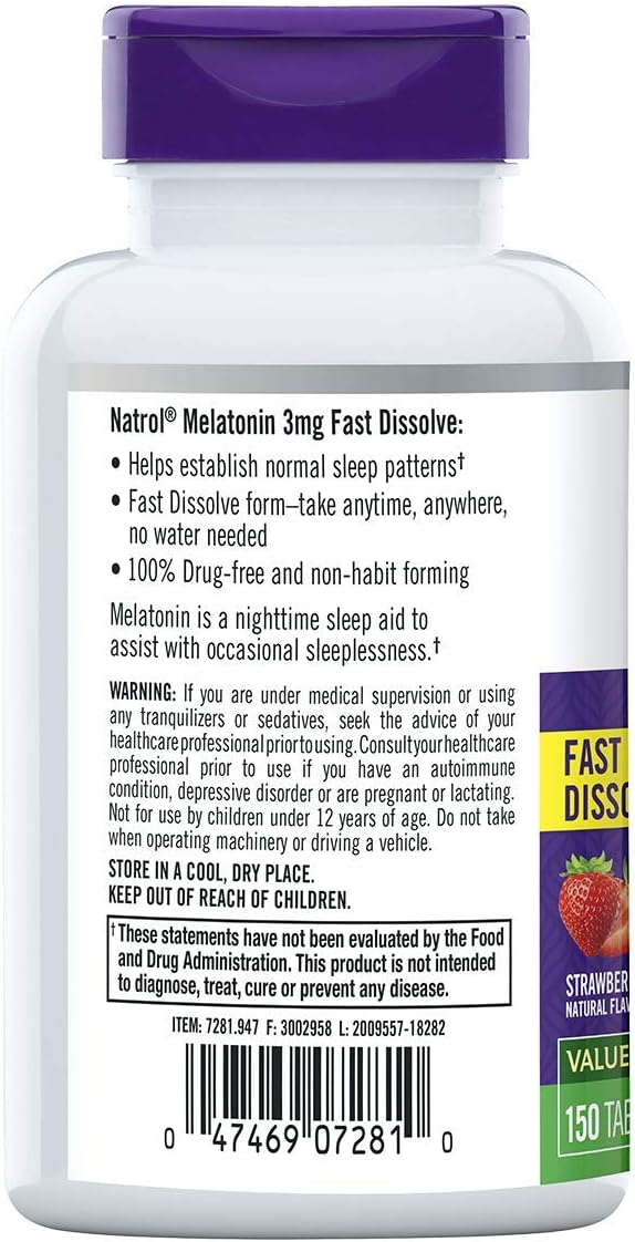 Natrol Melatonin Fast Dissolve Tablets, Helps You Fall Asleep Faster, Stay Asleep Longer, Easy to Take, Dissolves in Mouth, Faster Absorption, 3mg, 150 Count: Health & Personal Care