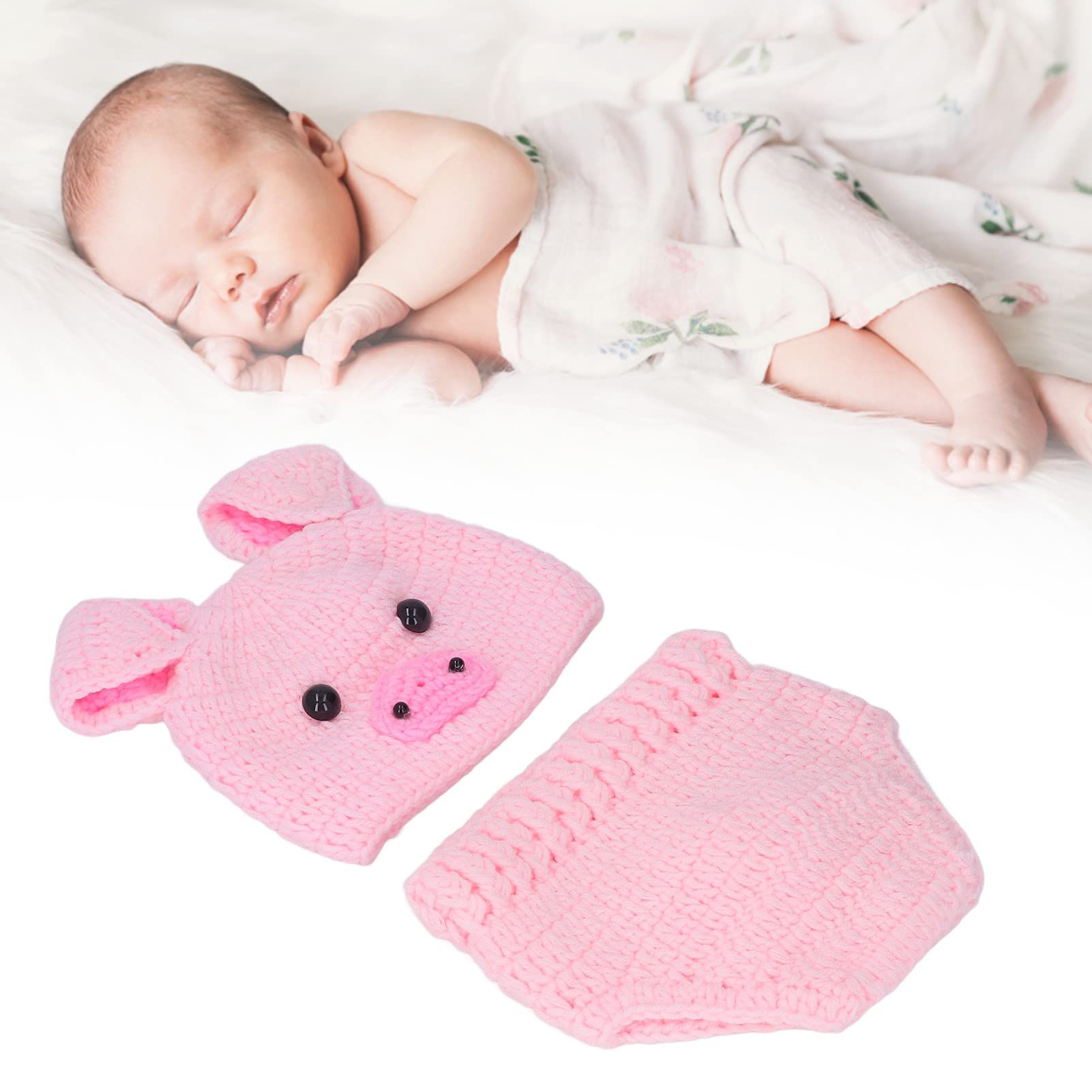 Newborn Baby Photography Props, Knitted Costume Crochet Cartoon Animal Pig Hat Pants Baby Photo Prop Outfits(Pink)