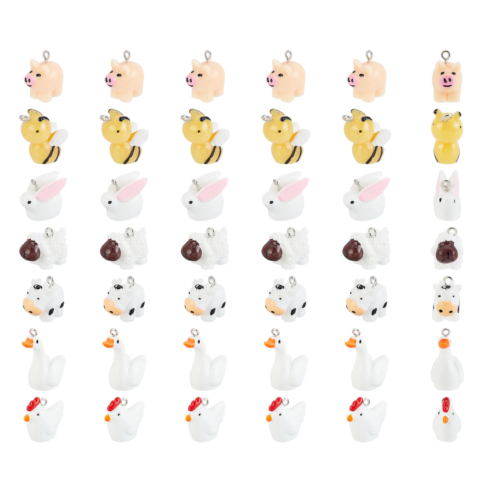 PH PandaHall 48Pcs 8 Style Resin Charms Cute Animal Pendant Kit Mini Pig Duck Bee Cygnet Chick Rabbit Sheep Calf Findings Charm DIY Farm Theme Pendants for Jewellery Making Making Keychain Crafts