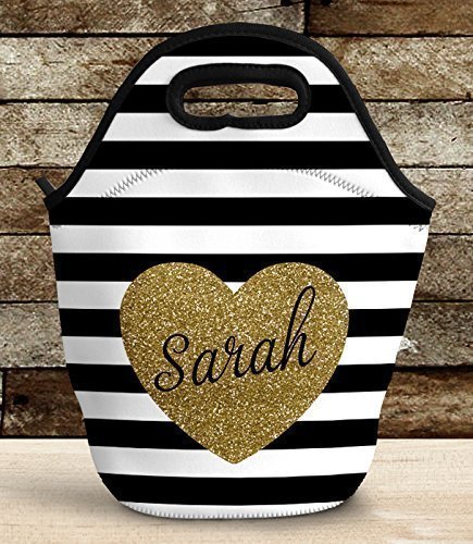 Insulated Lunch Bag for Women Insulated and Fashionable Stripes with Personalized Gold Glitter Heart - Thumbnail 4