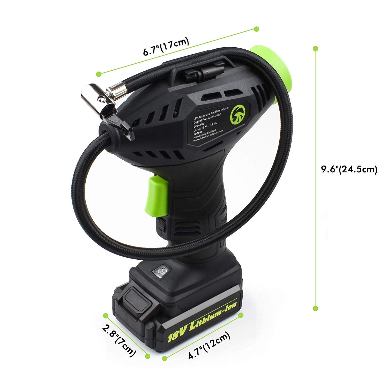 HAWKFORCE Tire Inflator, Cordless Portable Air Compressor Car Tire Air Pump with Easy to Read Digital Pressure Gauge, Built-in LED Light, Long Length 99 Inches Car Charger, Tool Bag
