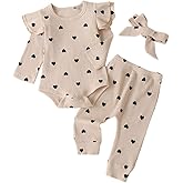 Onththr Newborn Baby Girl Clothes Infant Girls Outfits Ribbed Ruffled Long Sleeve Romper Bodysuit Pants Headband Set
