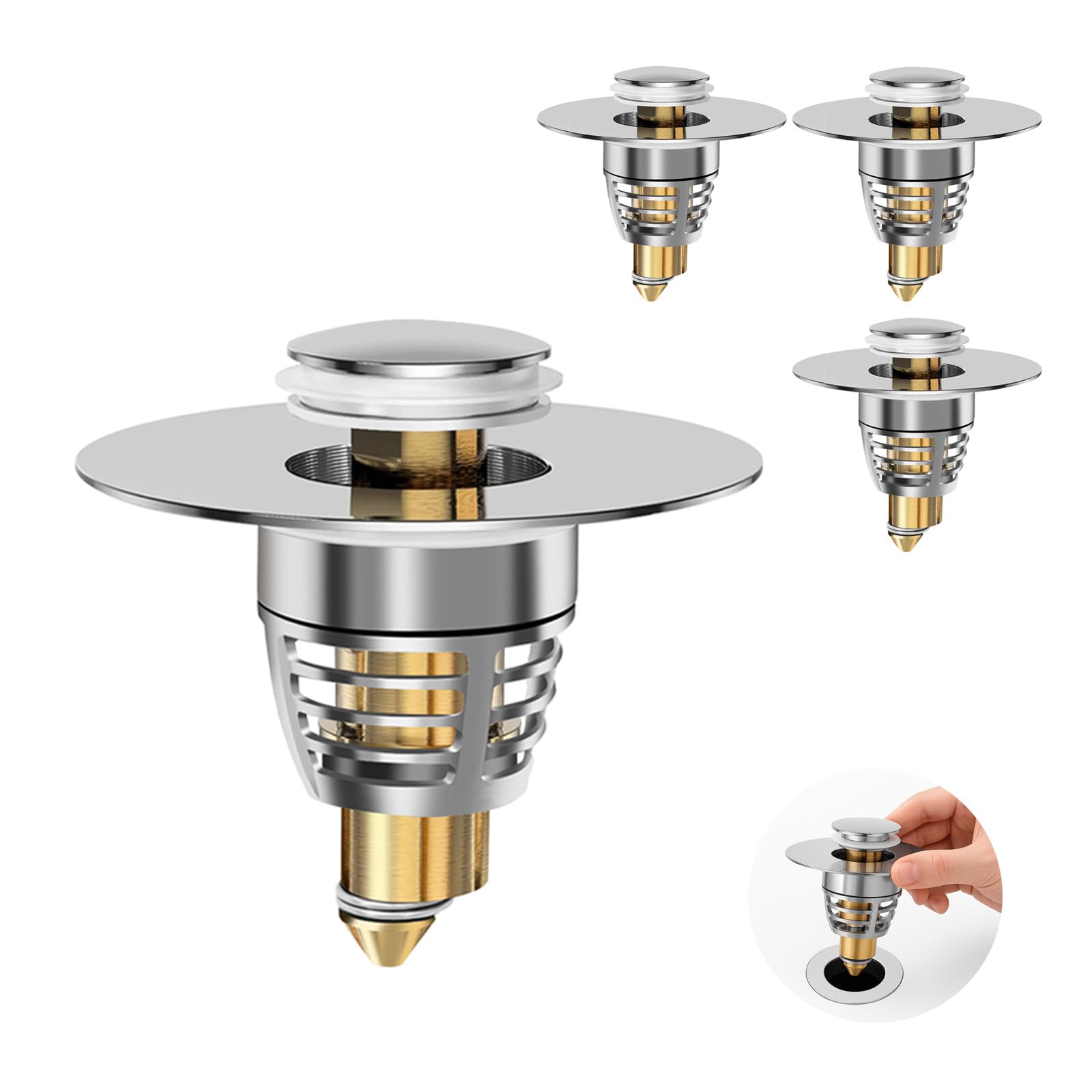 Photo 1 of (4-Pack) Universal Bathroom Sink Stopper with Anti-Clog Basket Filter, Fit for 1.1"-1.6" Drain Holes, Sink Pop Up Stopper, Washbasin Drain Stopper, Tool-Free Installation