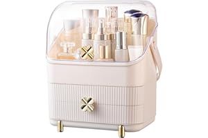 SUNFICON 3 Tiers Makeup Organizer Holder Cosmetic Storage Box with Dust Free Cover Portable Handle 2 Rroomy Drawers,Great for Bathroom Countertop Bedroom Dresser,Ivory White