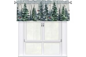 Miaoquhe Winter Snowy Forest Valances for Windows 54"x18" Christmas Cardinal Birds Short Curtains Watercolor Xmas Pine Tree Window Treatment Rod Pocket Valances for Kitchen Living Room Decor