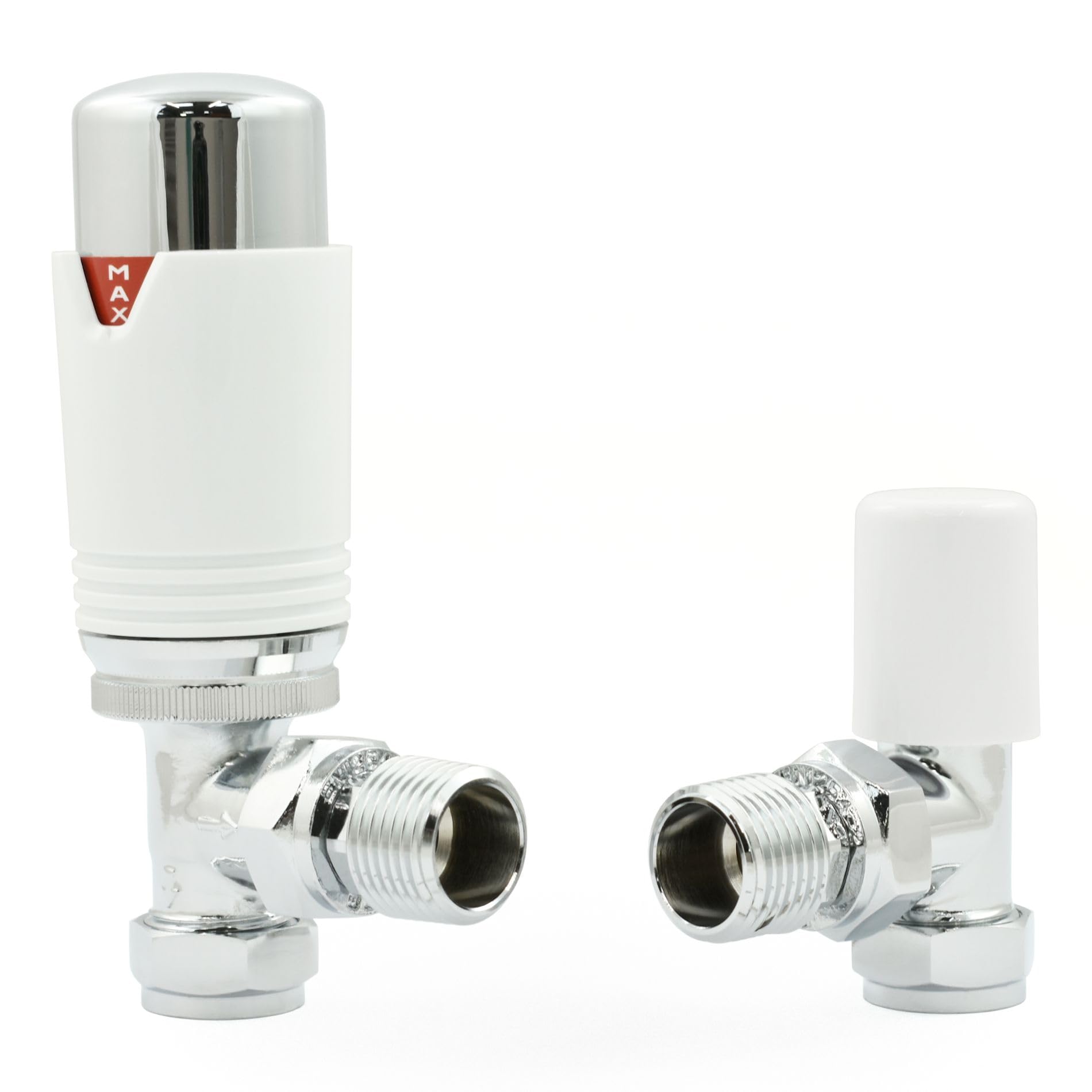 Hot Flow Chrome & White Estuary Angled TRV Thermostatic Radiator Valve (Pair) Includes Angled TRV Body, Wheel Head, Lock Shield. or Quick & Easy Temperature Control.