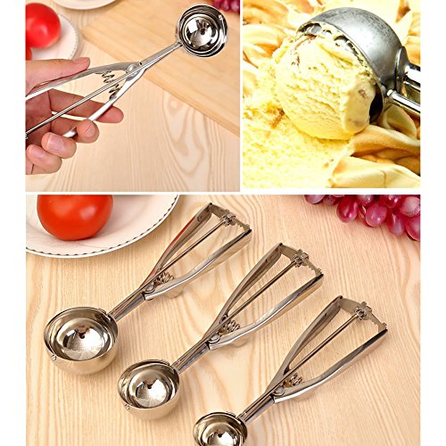 Ice Cream Scoops,Stainless Steel Trigger Ice Cream Scoop Set,Melon Baller Fruit Melon Baller, Melon Scoop Spoon Set of 3 (Small,Medium,Large)