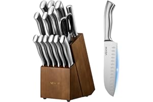 VEVOR Kitchen Knife Set with Block and Sharpener, 15 Piece German High Carbon Stainless Steel Sharp Knife Set, Kitchen Cutler