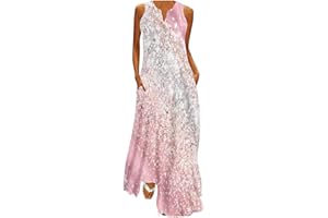 Attine Summer Maxi Dresses for Women Plus Size Boho Floral Dress V Neck Sleeveless Long Dress Casual Holiday Sundress Pockets